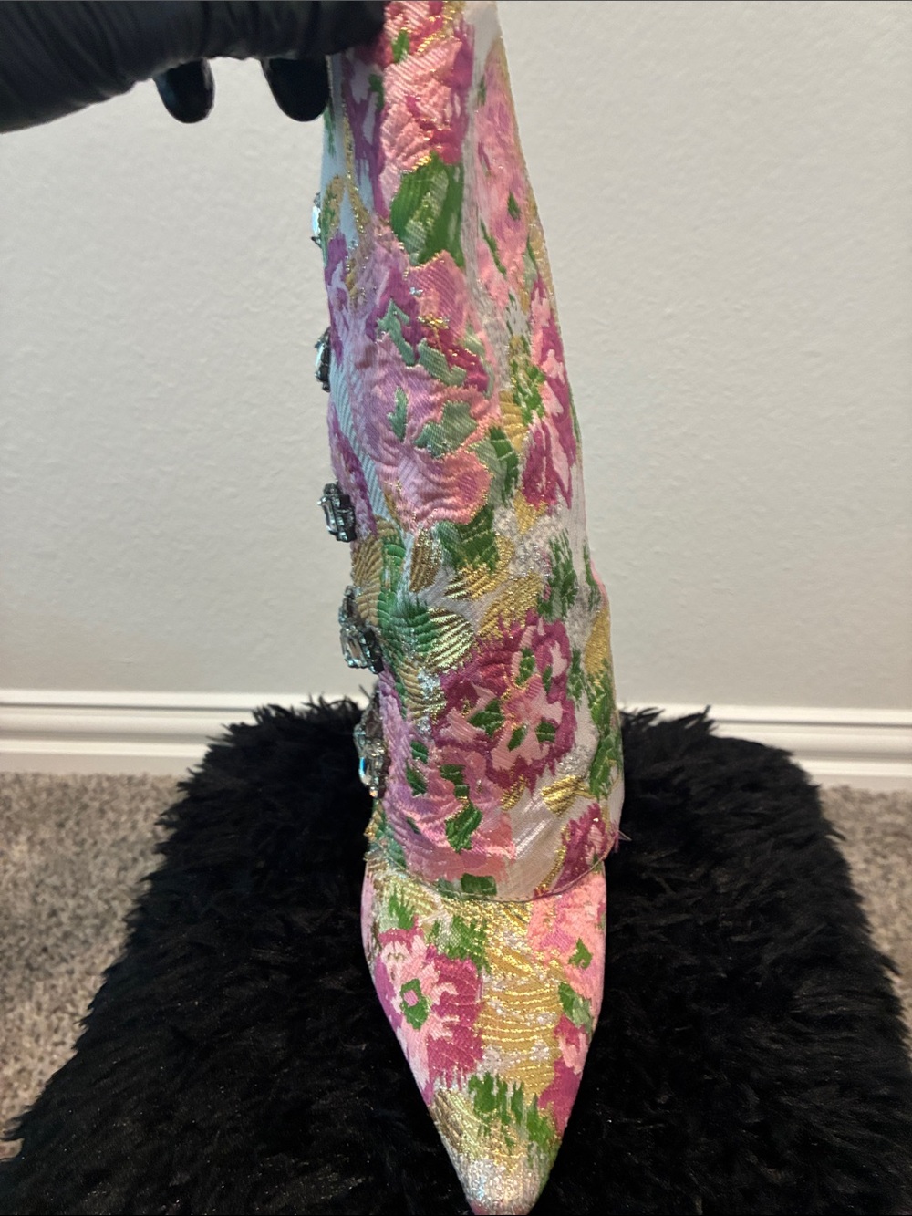 Azalea Wang Pink Floral Crystal-Embellished Pointed-Heel Boot - Picture 4 of 6